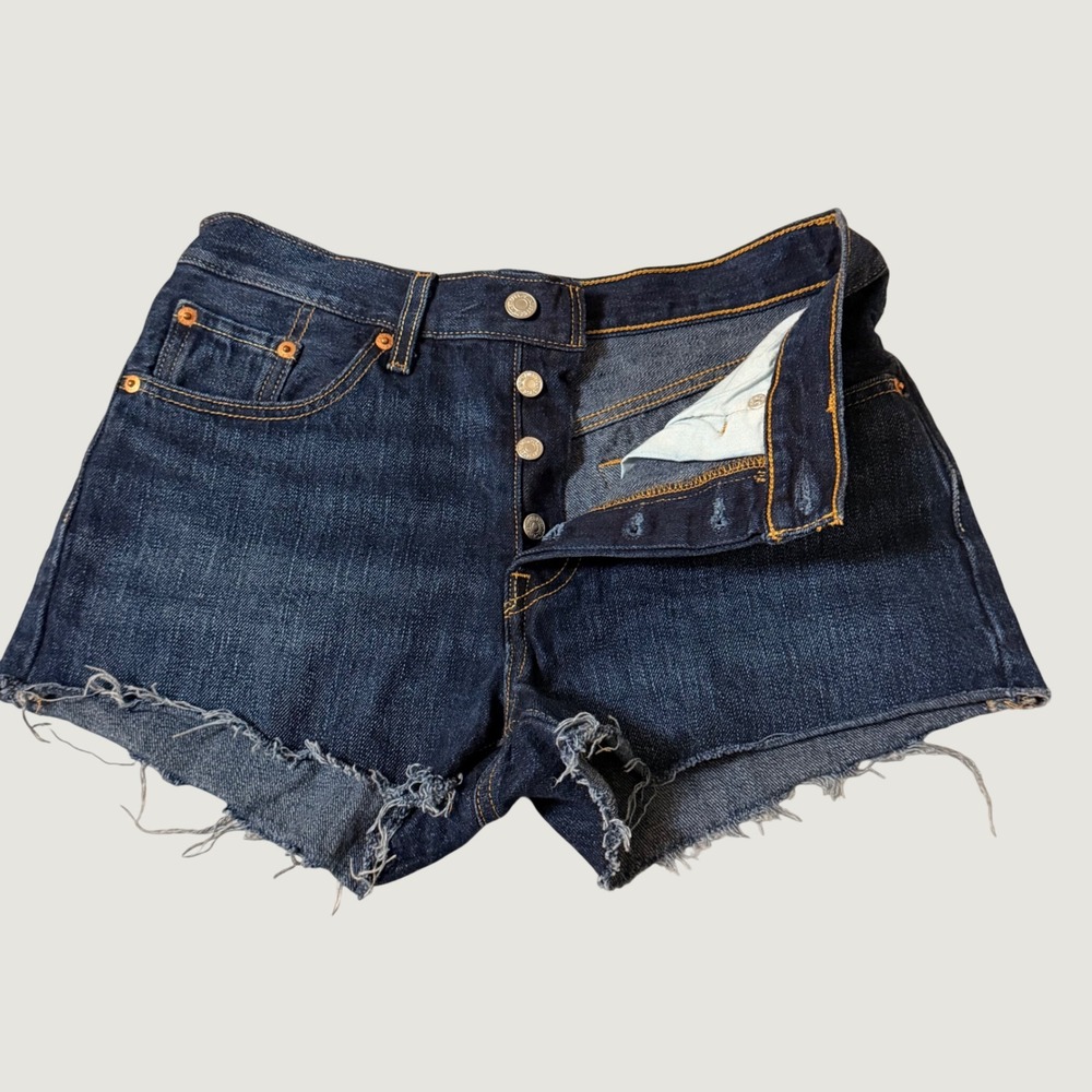 Levis 501 Original Womens High Rise Cut Off Denim Shorts Dark Wash Blue W26